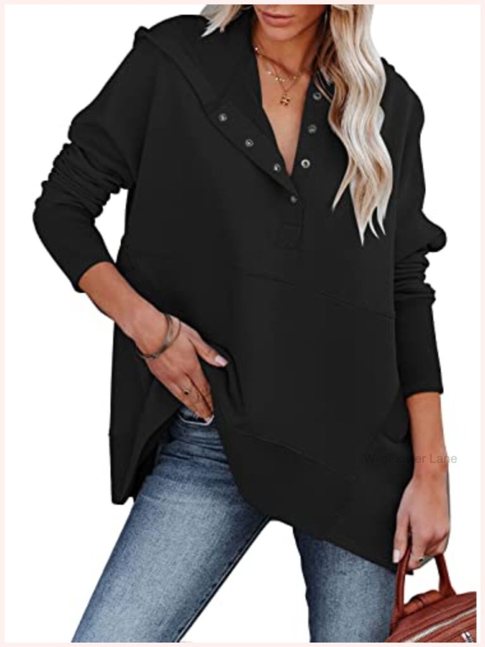 Oversized V Neck Hoodie Sweatshirt Button Down Ribbed Pullover